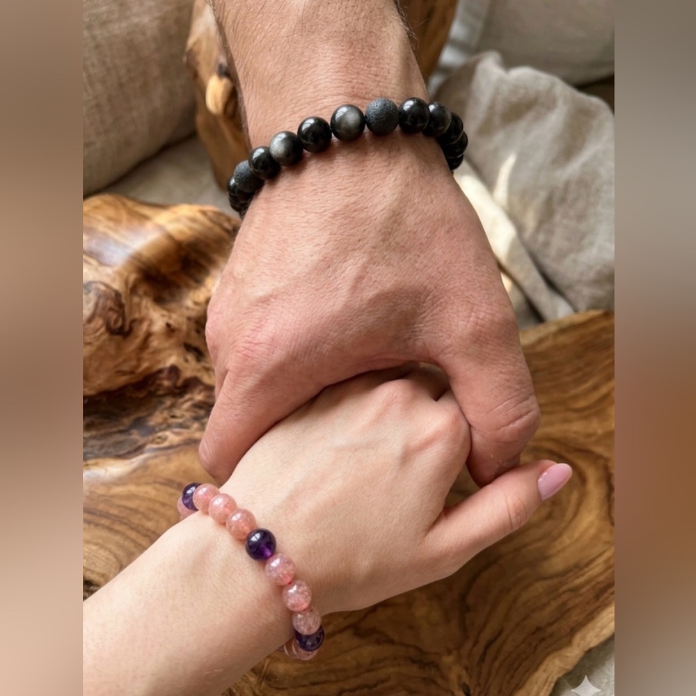 Triple Pink and Silver Obsidian Protection Couple's Bracelet Set l Love Energy